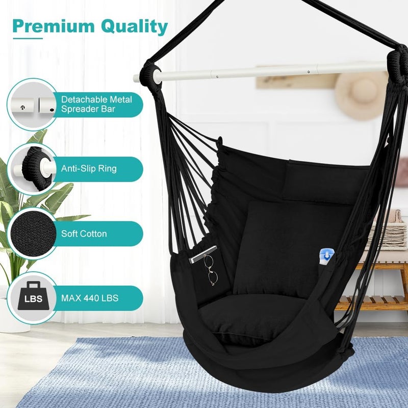 Outerman Hammock Chair, Hanging Chair with 3 Cushions and Foot Rest Support, Sturdy Metal Spreader Bar Max 500Lbs, Swing Chair for Bedroom, Indoor & Outdoor, Patio, Porch or Tree（Black）… - Image 4